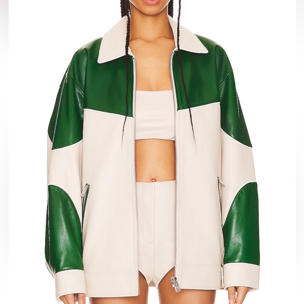 NWT LAMARQUE X REVOLVE Varsity Jacket in Bone & Green